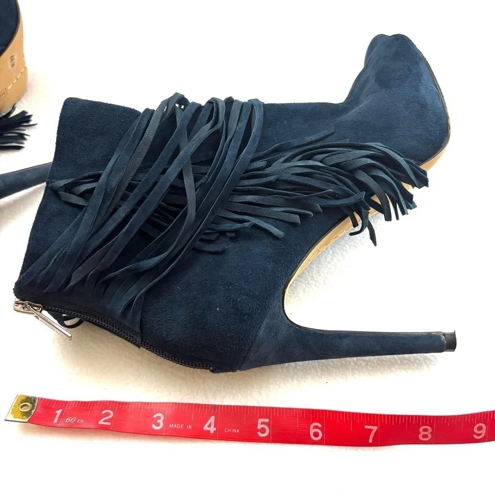 Vince Camuto‎ Navy Suede Leather Fringe Stiletto Heel Open Toe Booties (8)